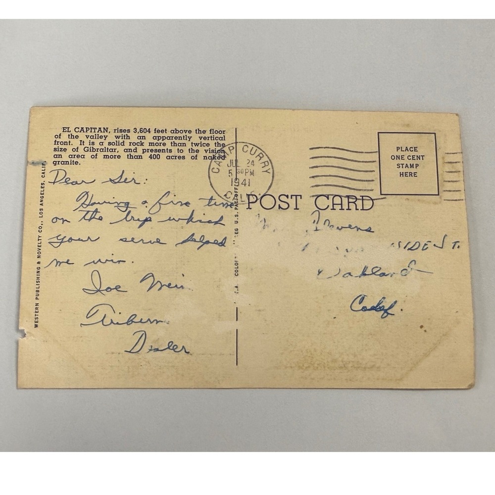 1941 Yosemite National Park El Capitan Linen Postcard Camp Curry Postmark 317 - Picture 2 of 14